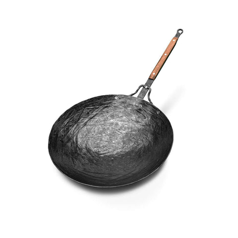 Handgeschmiedete Wokpfanne 40 cm mit langem Stiel aus Kohlenstoffstahl – ideal für offenes Feuer, Grill und Gasherd